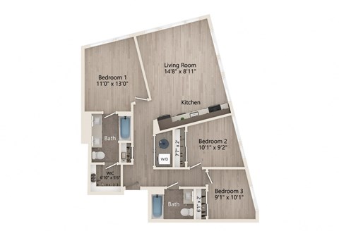 Floor plan for 3 beds, 2 baths, 1096 sqft